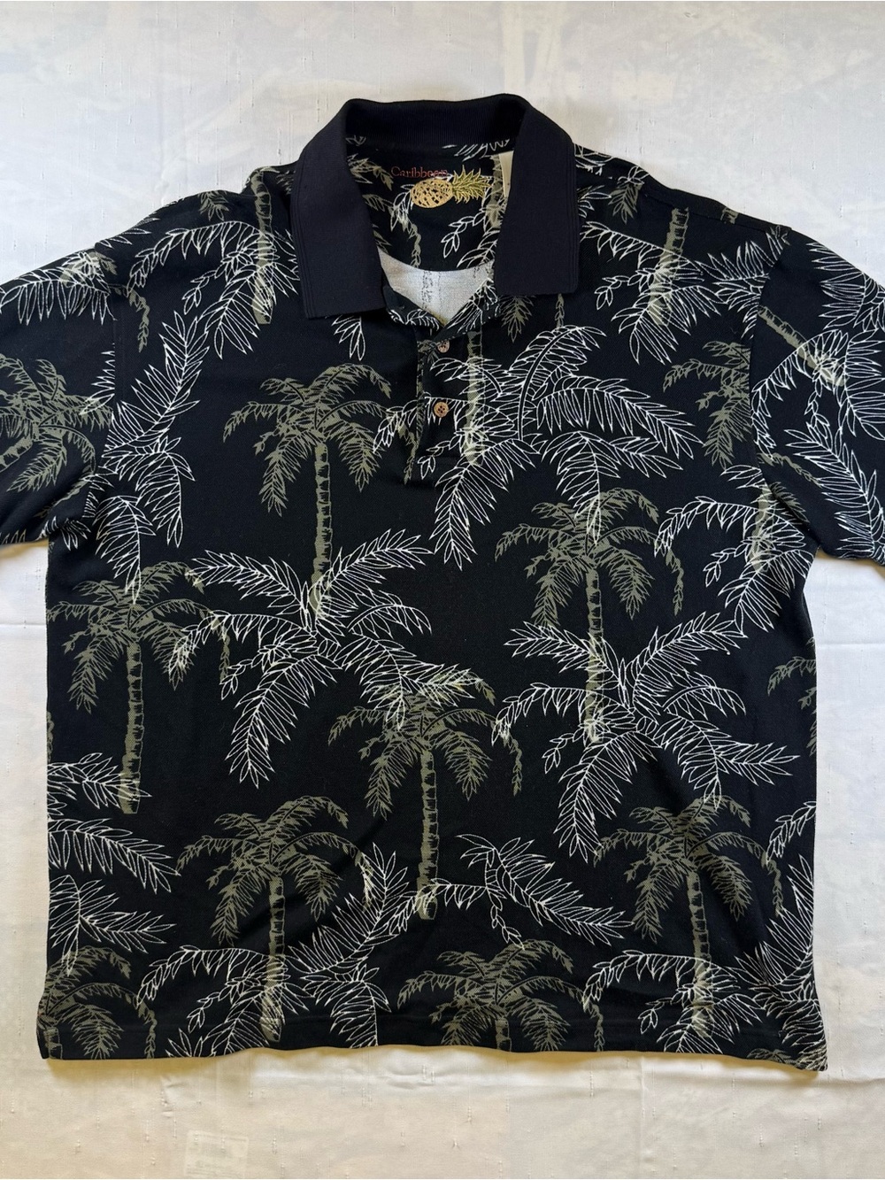 Caribbean Silk Blend Black Palm-Print Polo Shirt